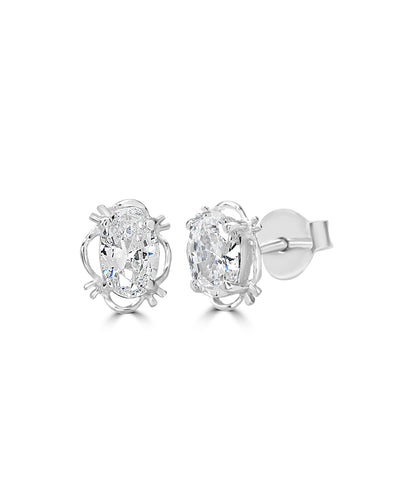 Silver Oval Solitaire Basket Stud Earrings