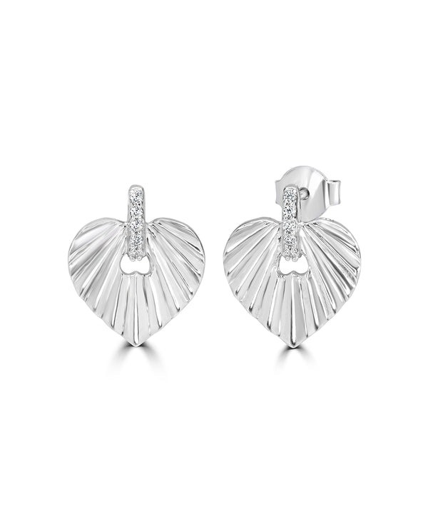 Silver Pave Accent Grooved Heart Studs