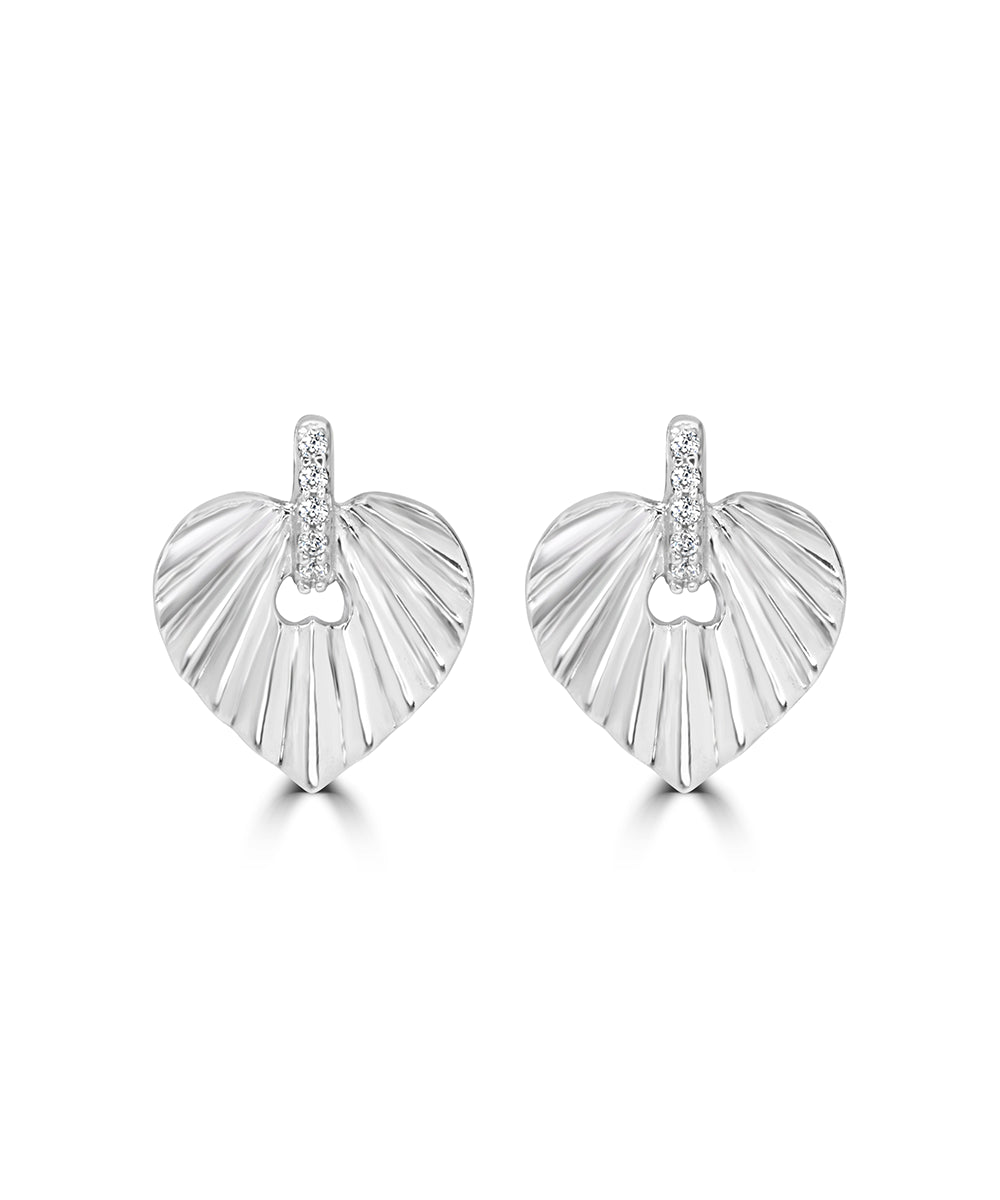 Silver Pave Accent Grooved Heart Studs