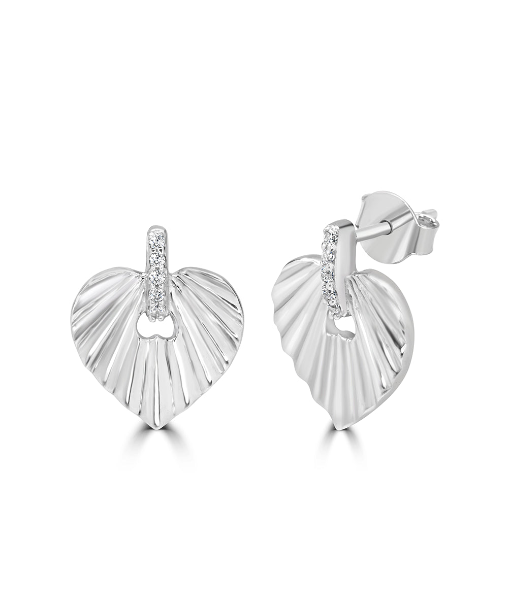 Silver Pave Accent Grooved Heart Studs