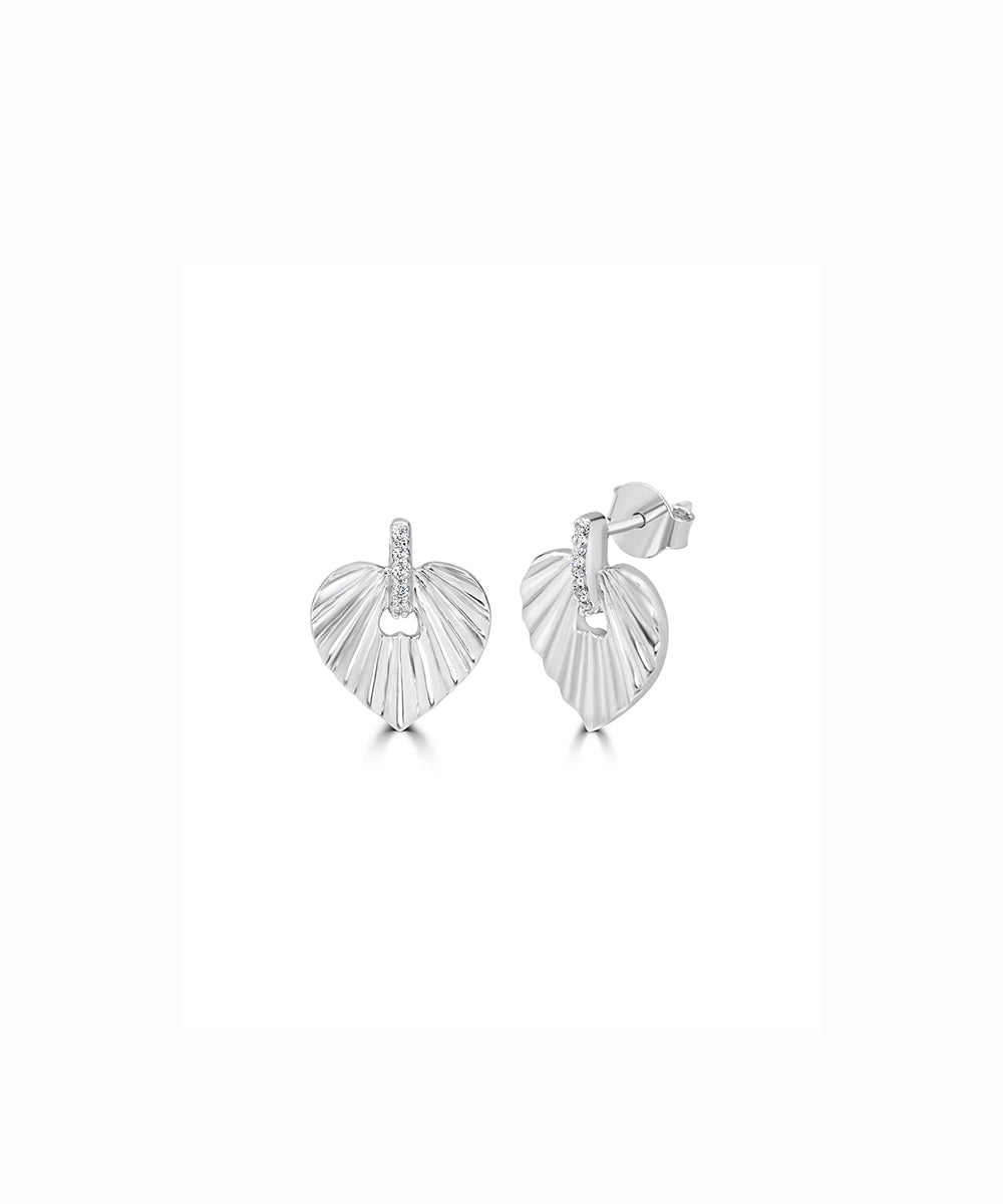 Silver Pave Accent Grooved Heart Studs