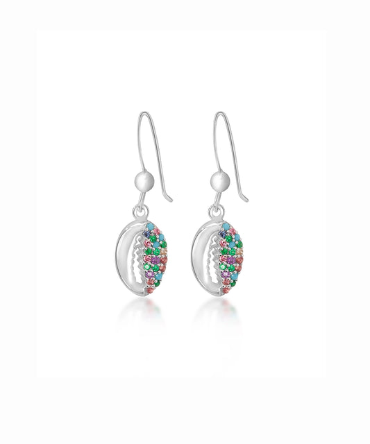 Silver Multi-Color Cowrie Shell Drop Earrings