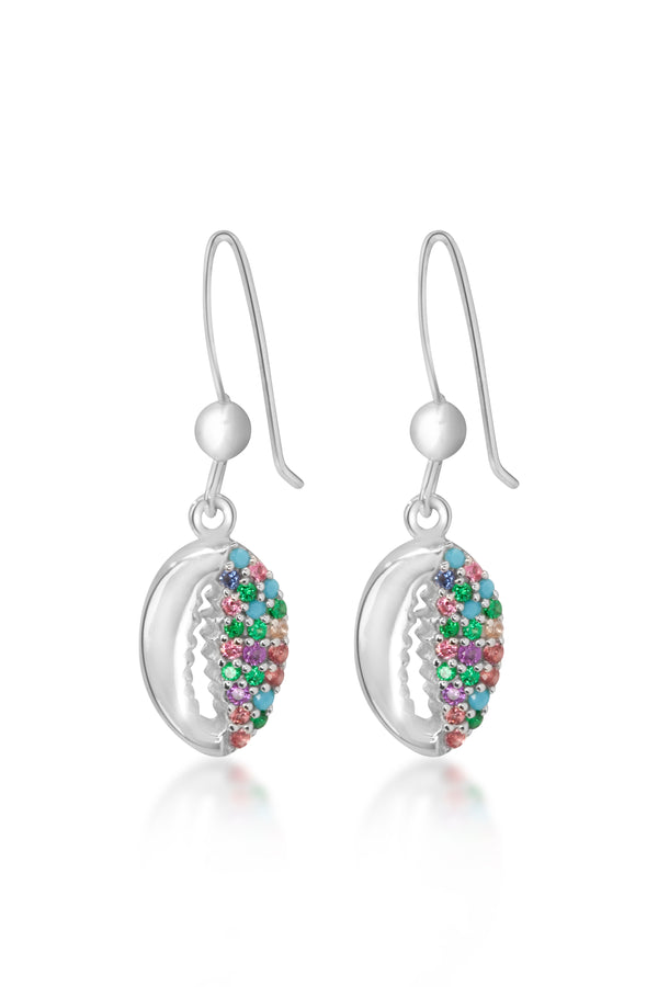 Silver Multi-Color Cowrie Shell Drop Earrings