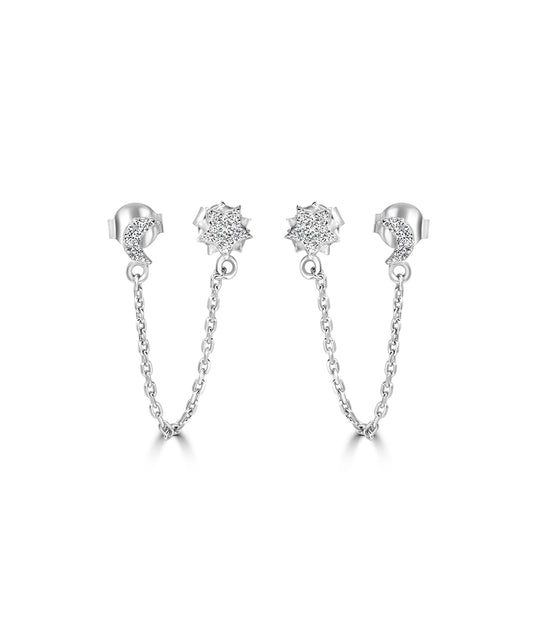 Silver Celestial Double Stud Chain Earrings