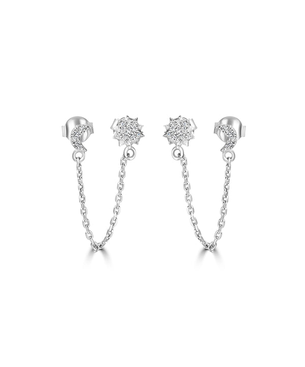 Silver Celestial Double Stud Chain Earrings