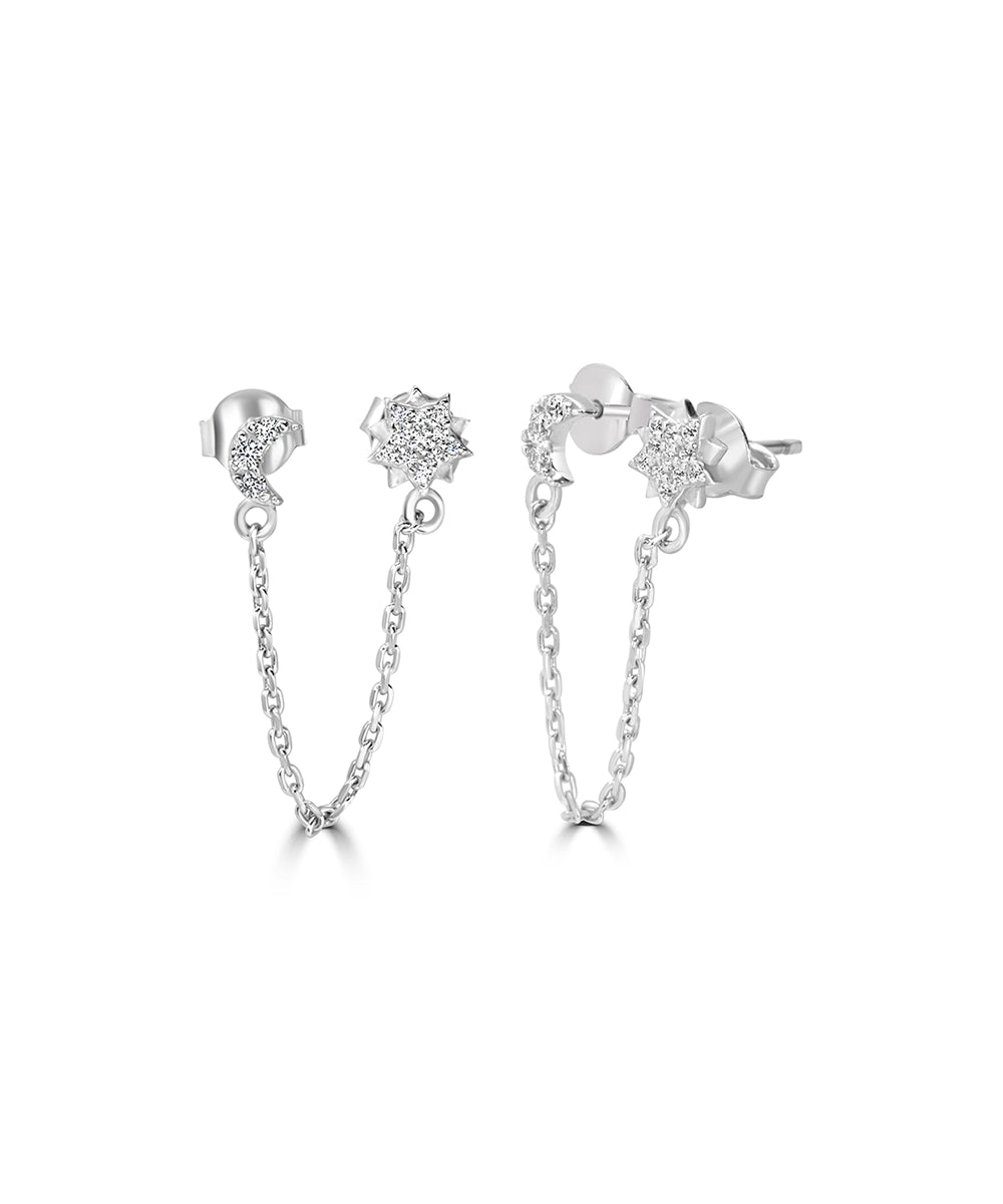 Silver Celestial Double Stud Chain Earrings
