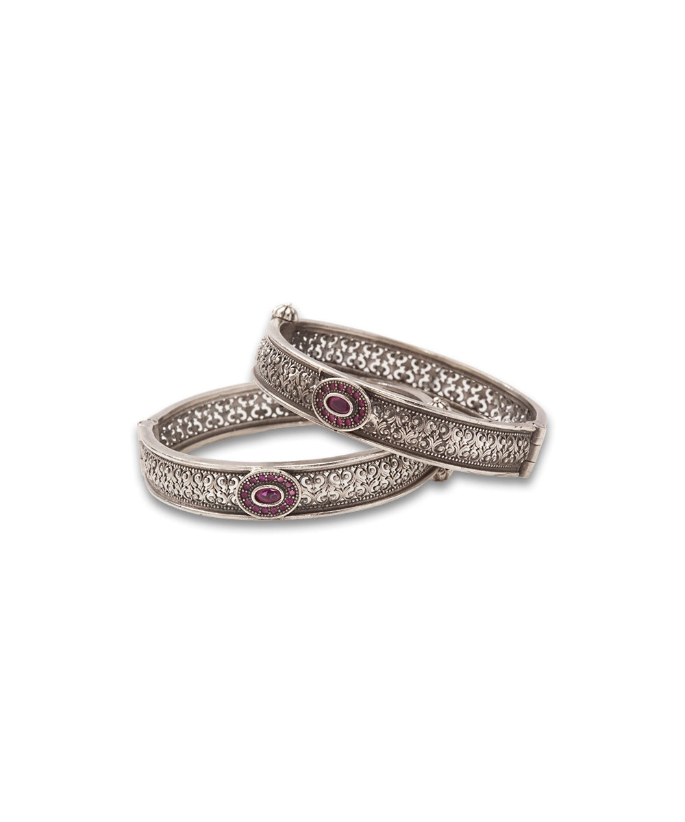 Silver Oxidized  Kada Bangles with Pink Stone
