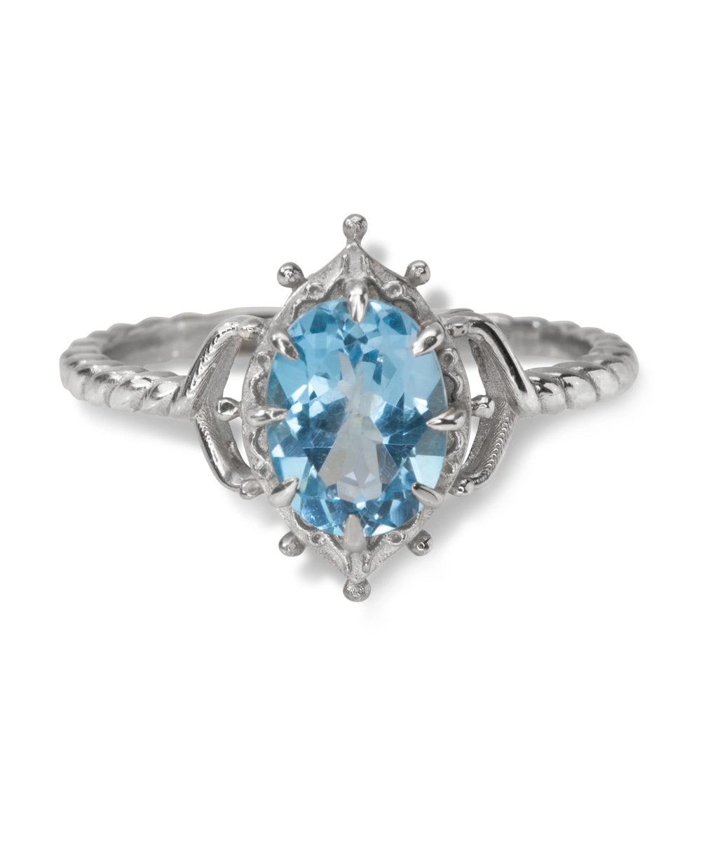Silver Marquise Blue Topaz Ornate Ring