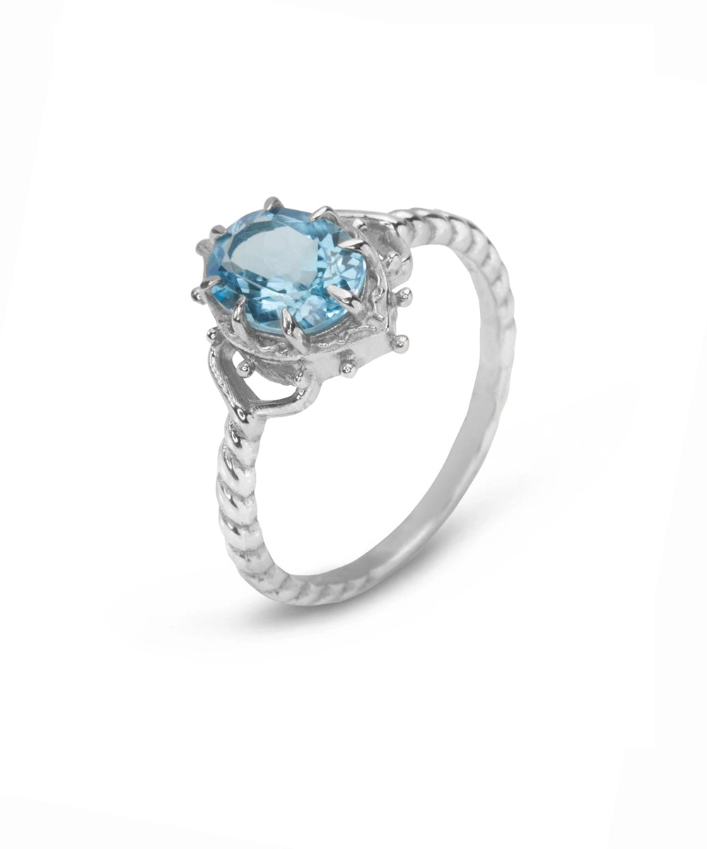 Silver Marquise Blue Topaz Ornate Ring