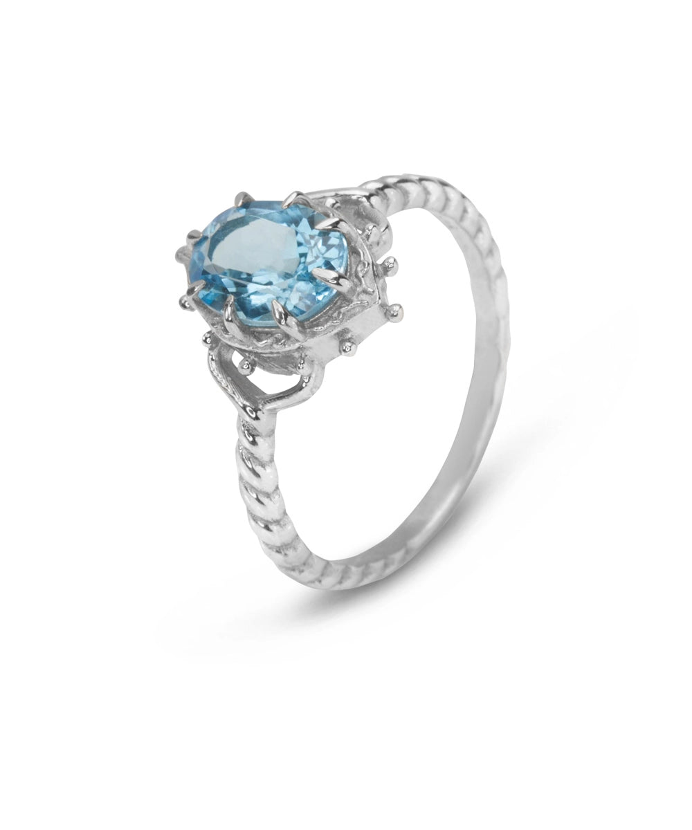 Silver Marquise Blue Topaz Ornate Ring