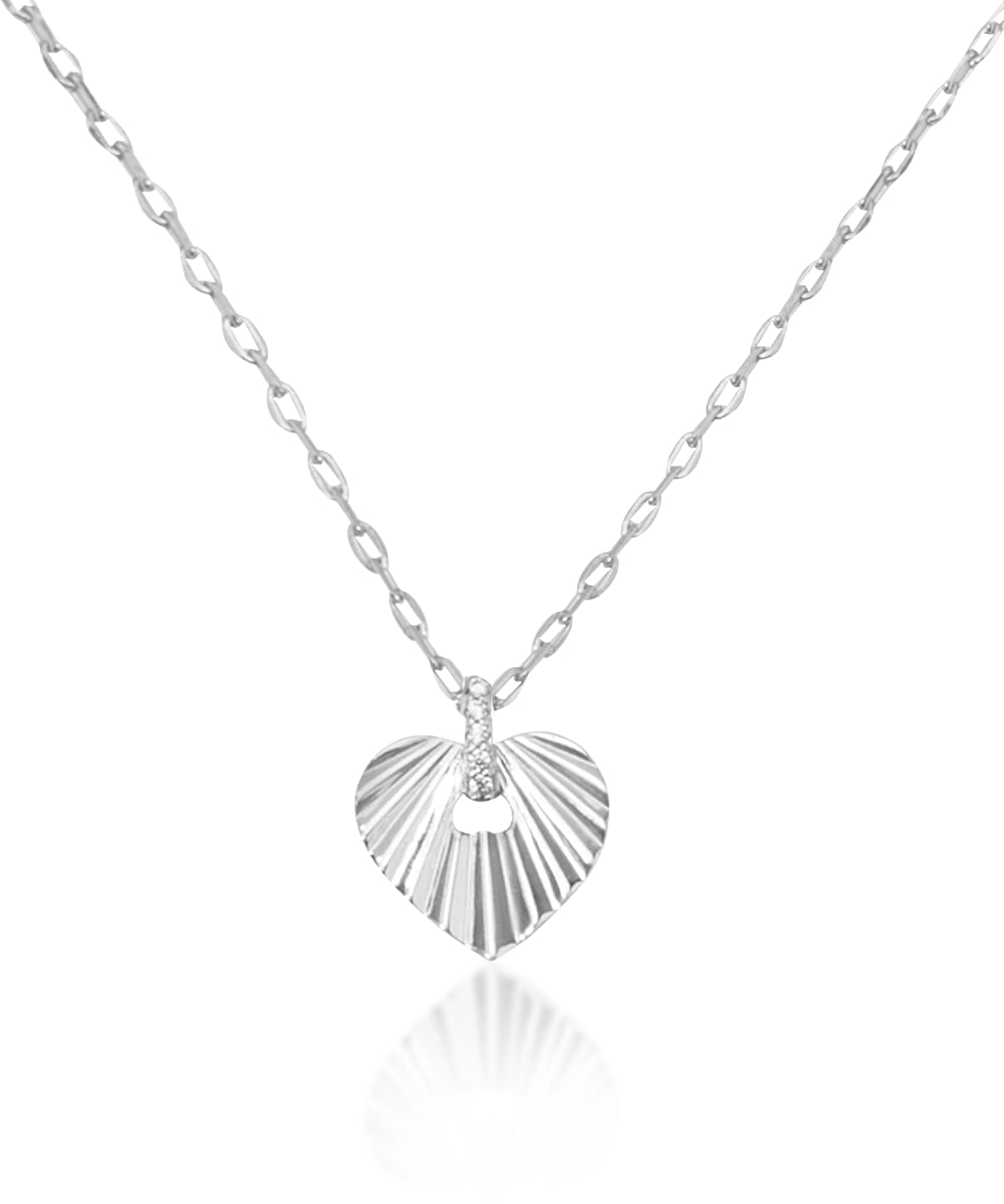 Silver Pave Accent Grooved Heart Necklace