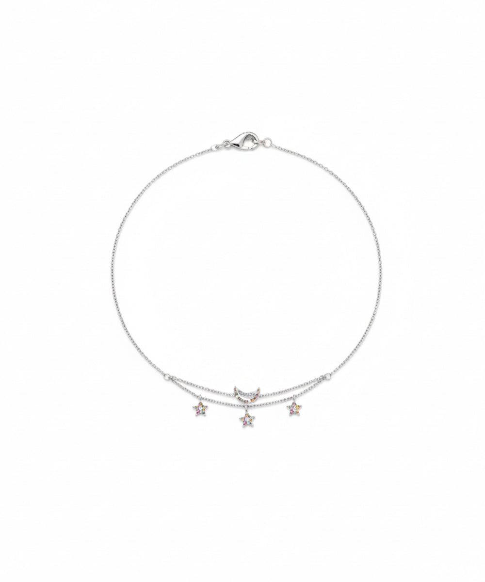 Silver Layered Stars and Crescent Moon Charm Bracelet