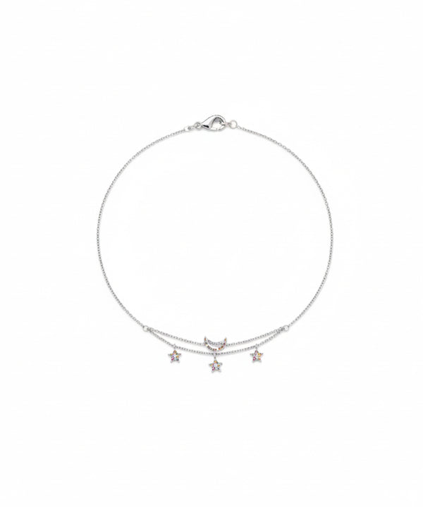 Silver Layered Stars and Crescent Moon Charm Bracelet