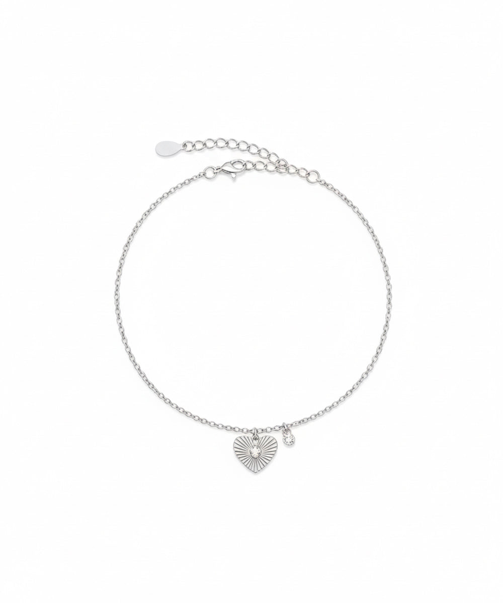 Silver Textured Sunburst Heart and CZ Dangle Bracelet
