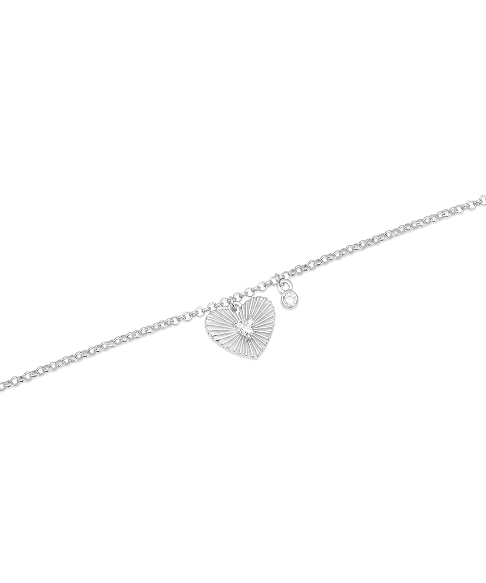 Silver Textured Sunburst Heart and CZ Dangle Bracelet