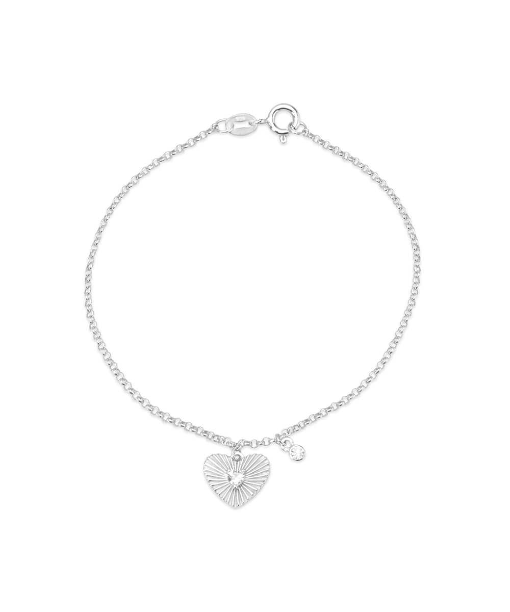 Silver Textured Sunburst Heart and CZ Dangle Bracelet