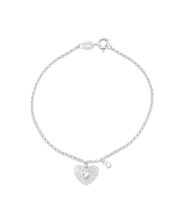 Silver Textured Sunburst Heart and CZ Dangle Bracelet