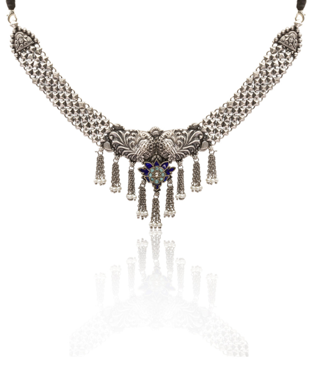 Silver Dancing Peacock And Fringe Necklace