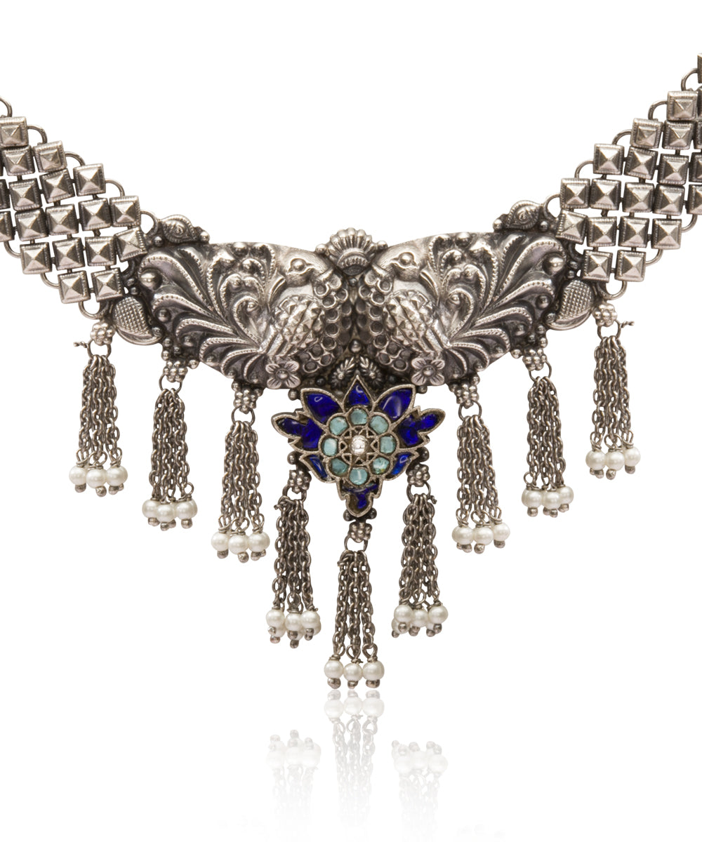 Silver Dancing Peacock And Fringe Necklace