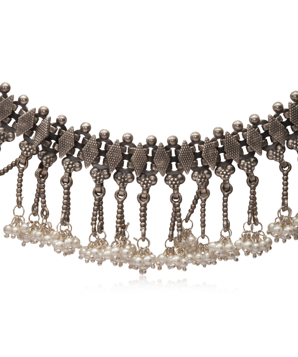 Silver Choker with Cluster Pearl Dangles