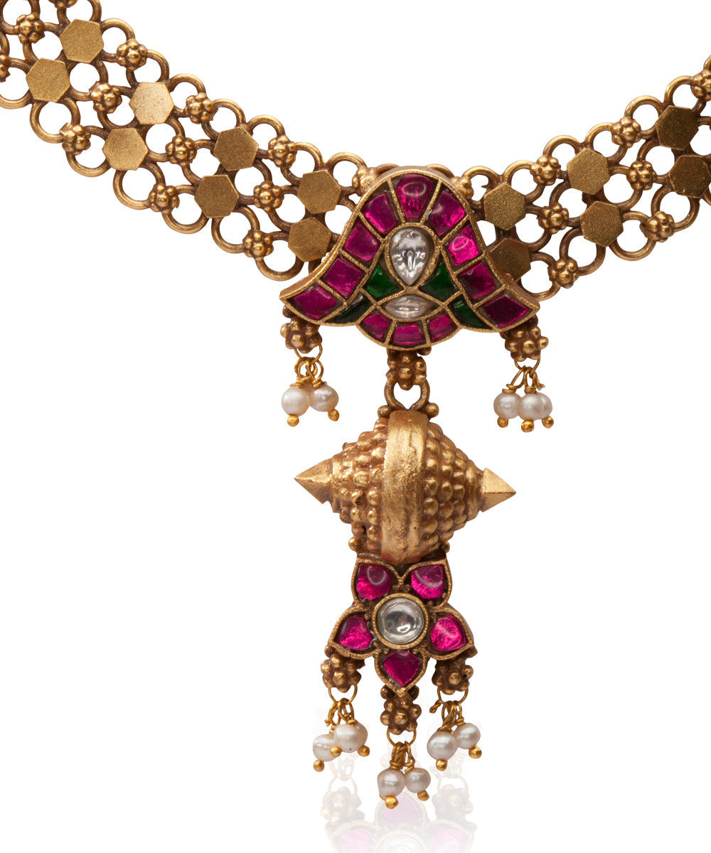 Silver Lattice Necklace with Temple Drop