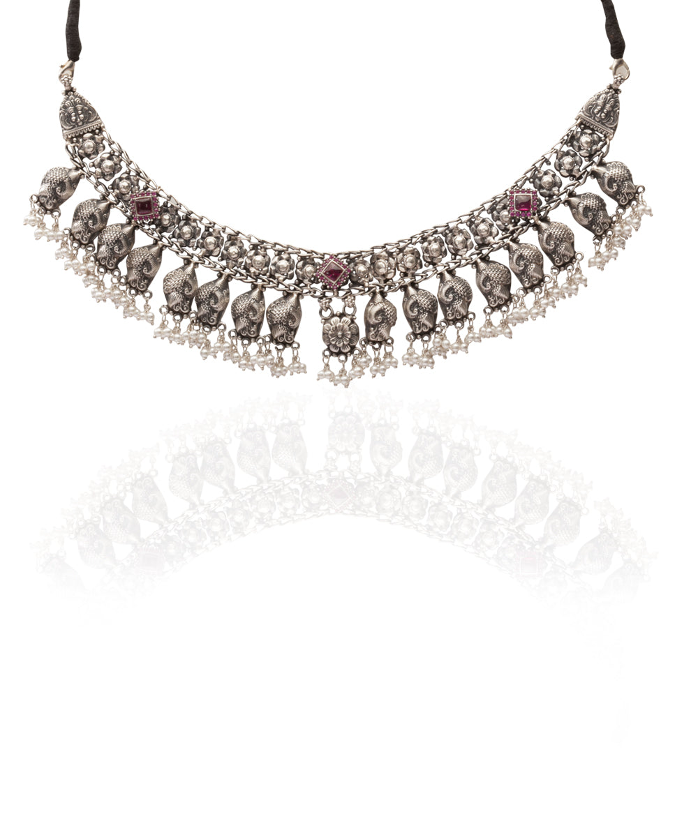 Silver Tribal Style Choker With Pearl Drops