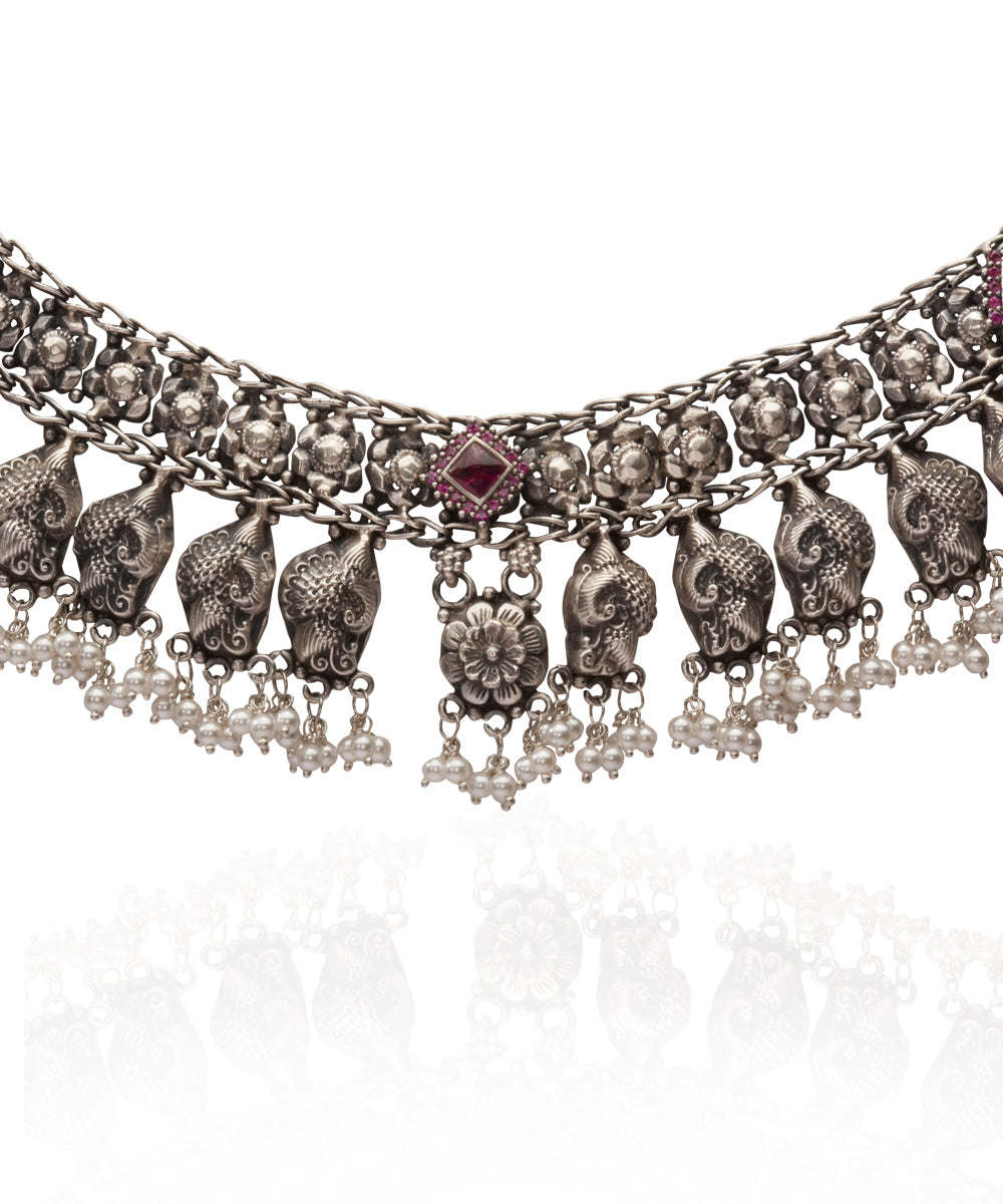 Silver Tribal Style Choker With Pearl Drops