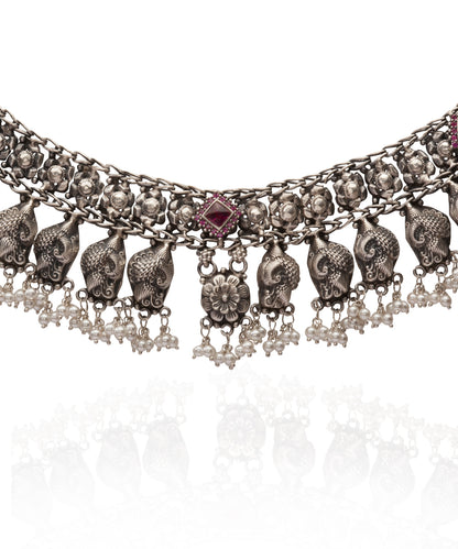 Silver Tribal Style Choker With Pearl Drops
