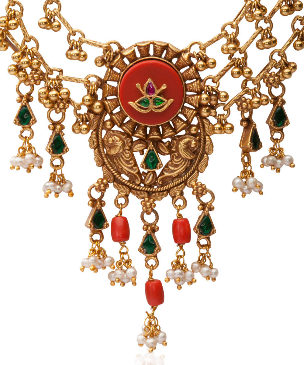 Silver Double Layered Pink/Coral Rajwadi Style Necklace