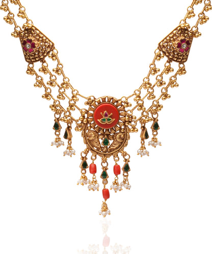 Silver Double Layered Pink/Coral Rajwadi Style Necklace