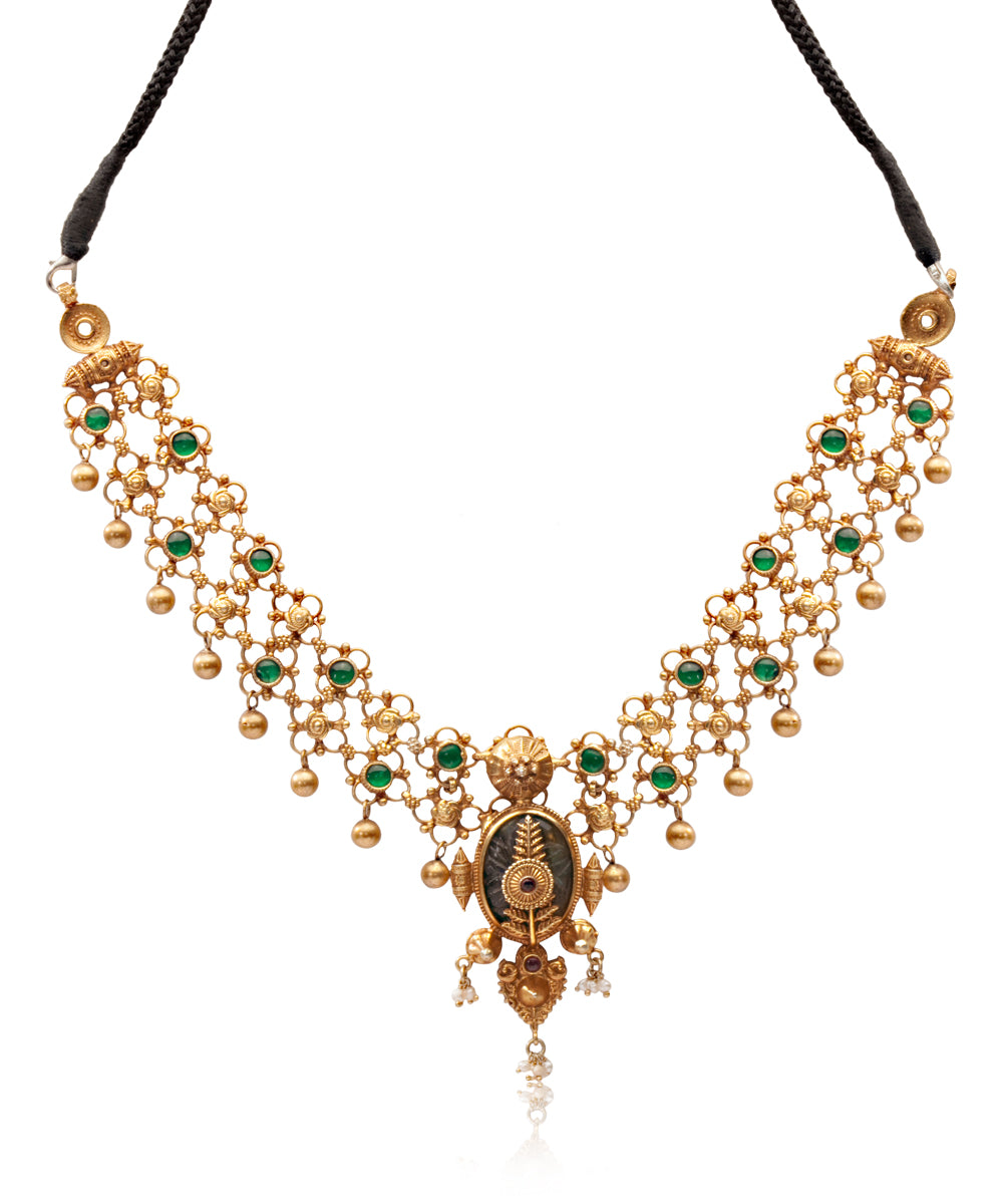 Silver Heritage Necklace with Green Kundan Accents