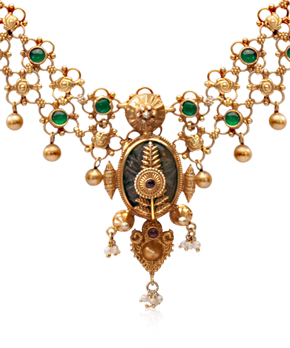 Silver Heritage Necklace with Green Kundan Accents