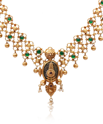 Silver Heritage Necklace with Green Kundan Accents