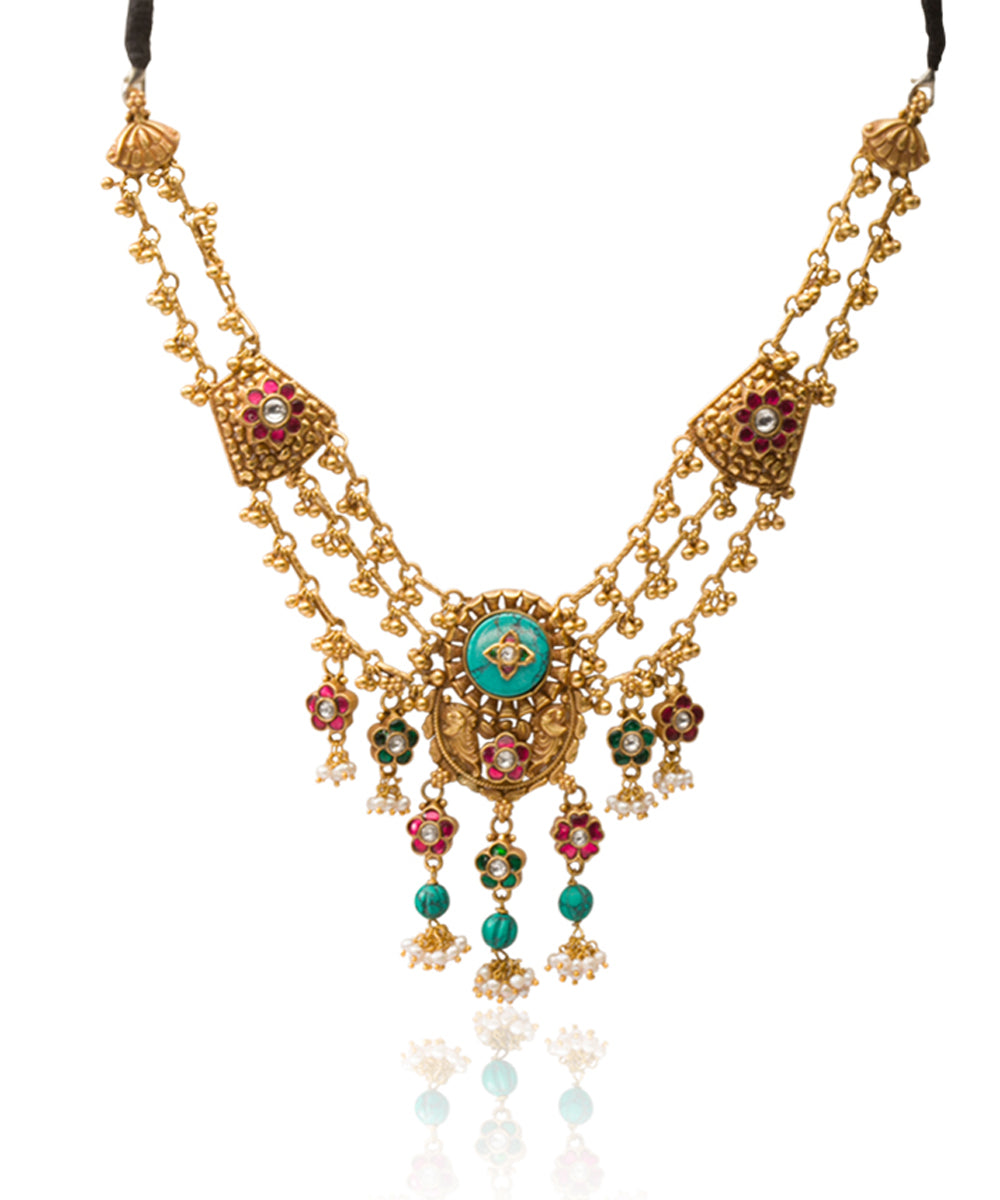 Silver Double Layered Pink/Turquoise Rajwadi Style Necklace