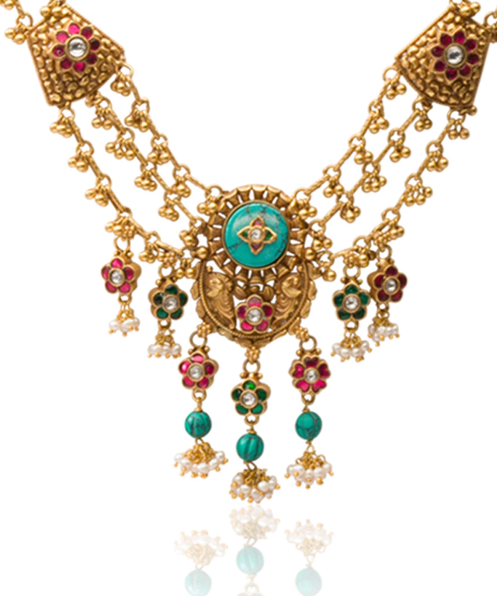 Silver Double Layered Pink/Turquoise Rajwadi Style Necklace