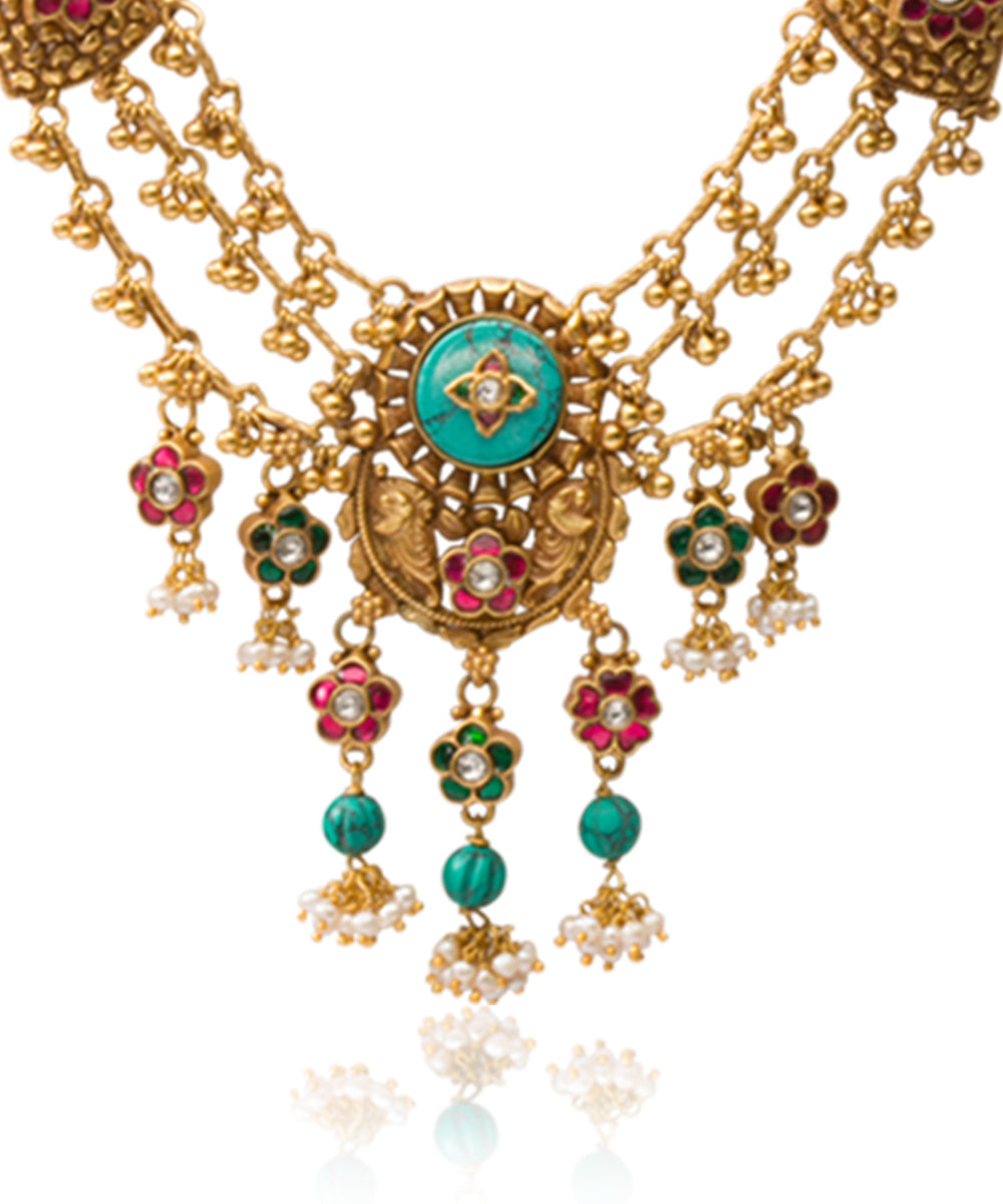 Silver Double Layered Pink/Turquoise Rajwadi Style Necklace