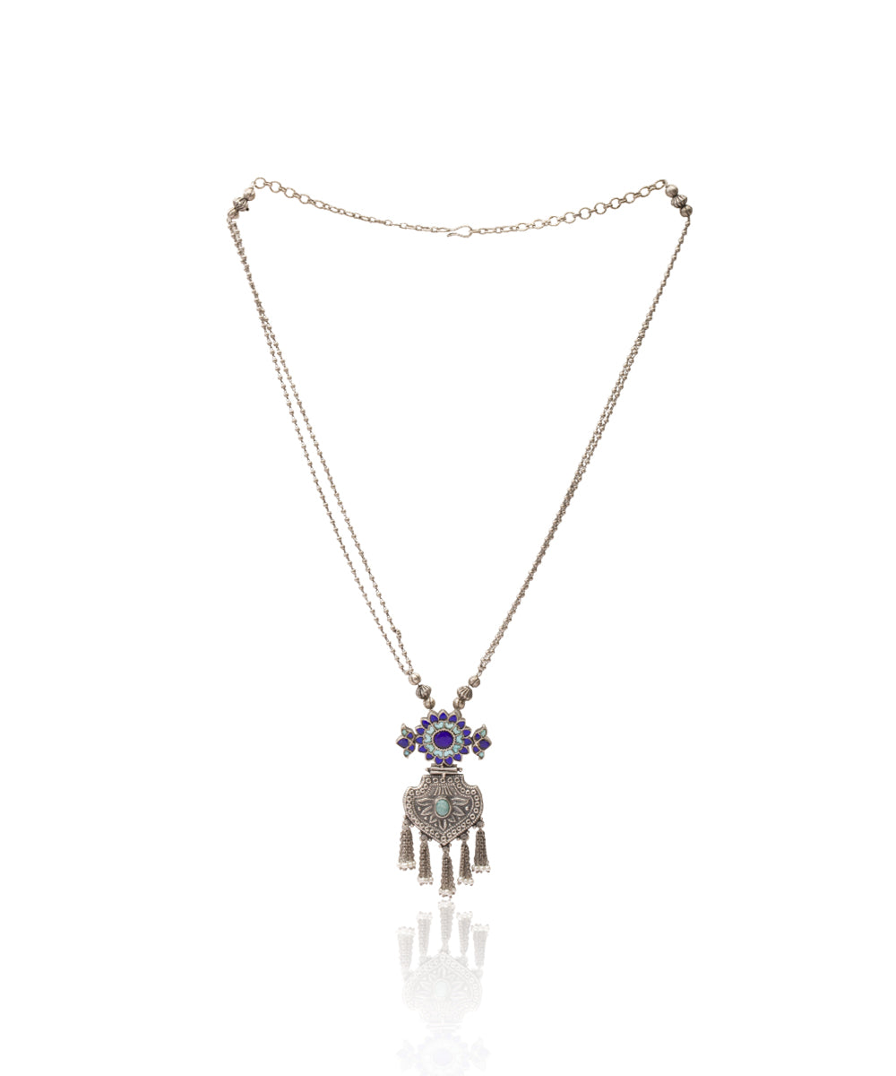 Silver Blue Kundan Long Chain Tribal Necklace