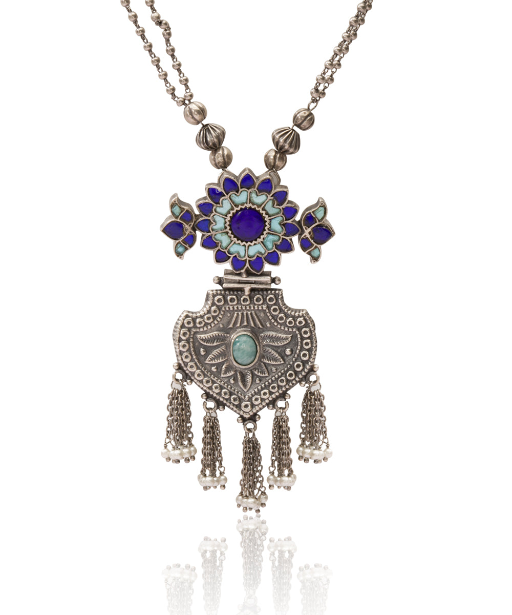 Silver Blue Kundan Long Chain Tribal Necklace