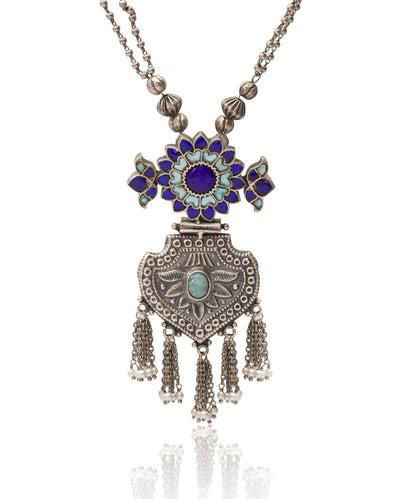 Silver Blue Kundan Long Chain Tribal Necklace