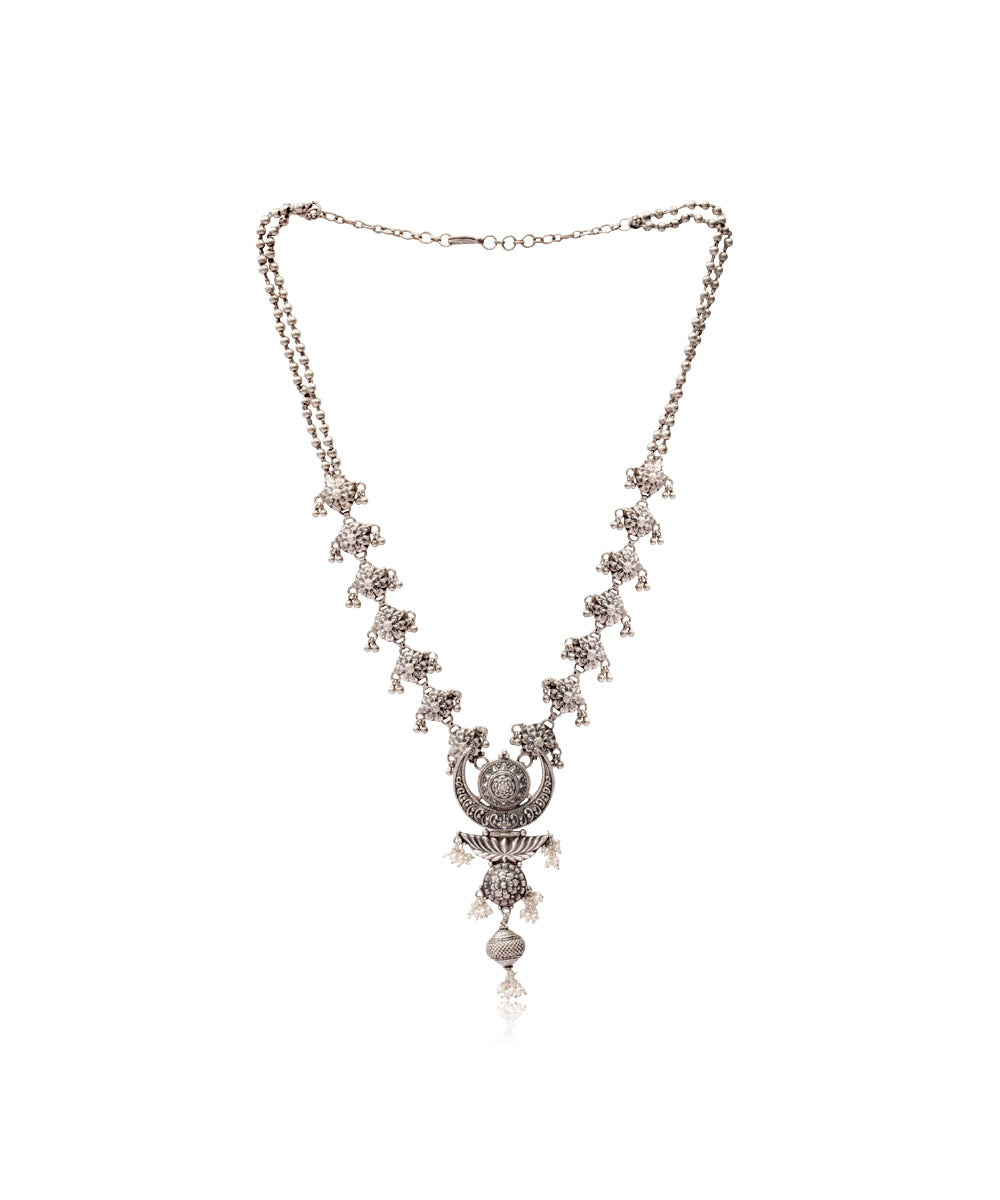 Silver Crescent Moon And Temple Design Necklace