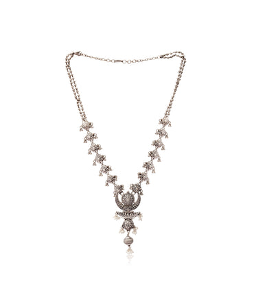 Silver Crescent Moon And Temple Design Necklace