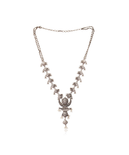 Silver Crescent Moon And Temple Design Necklace