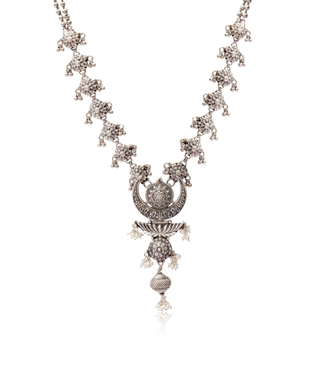 Silver Crescent Moon And Temple Design Necklace