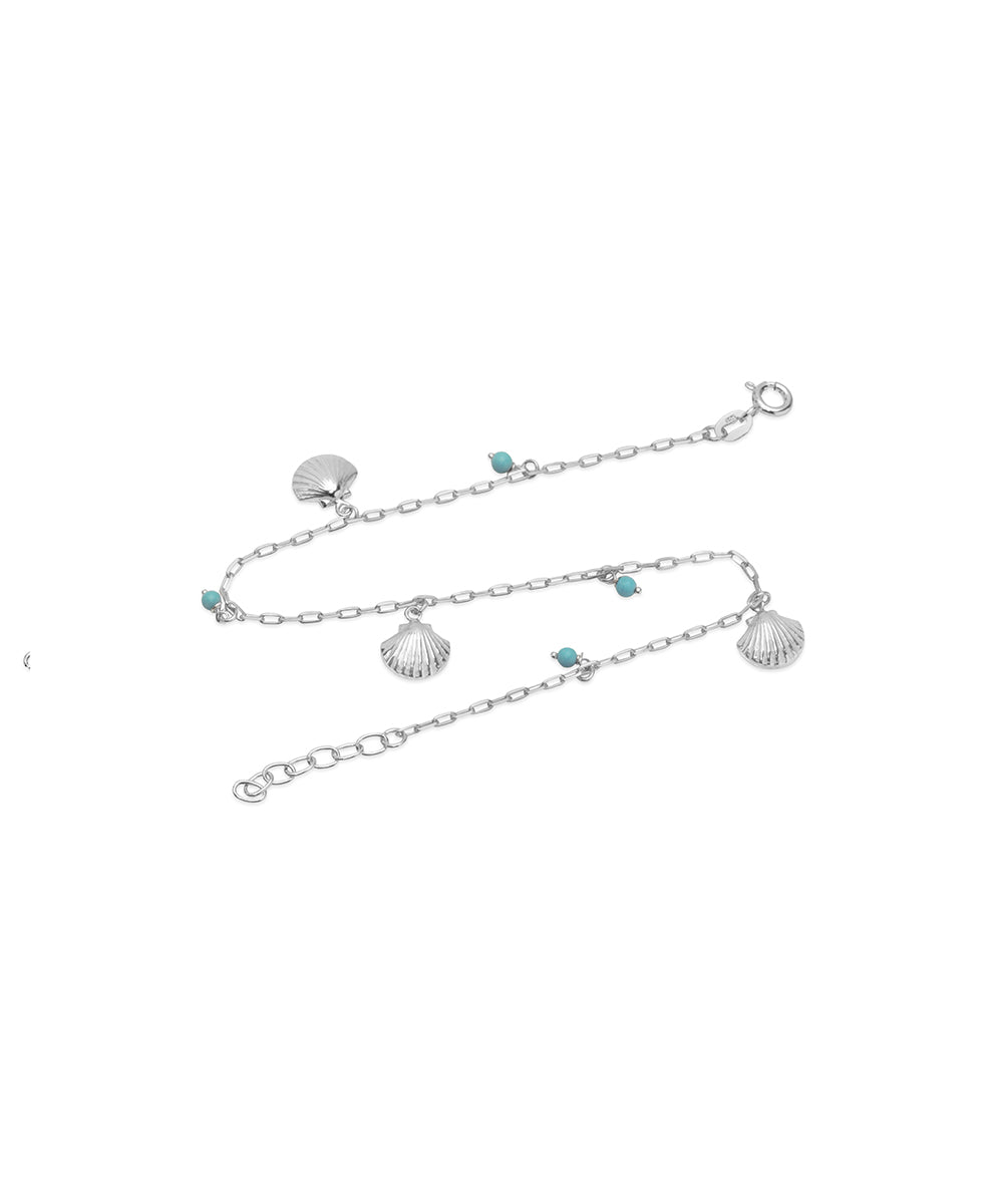 Silver Textured Shell and Bead Chain Anklet