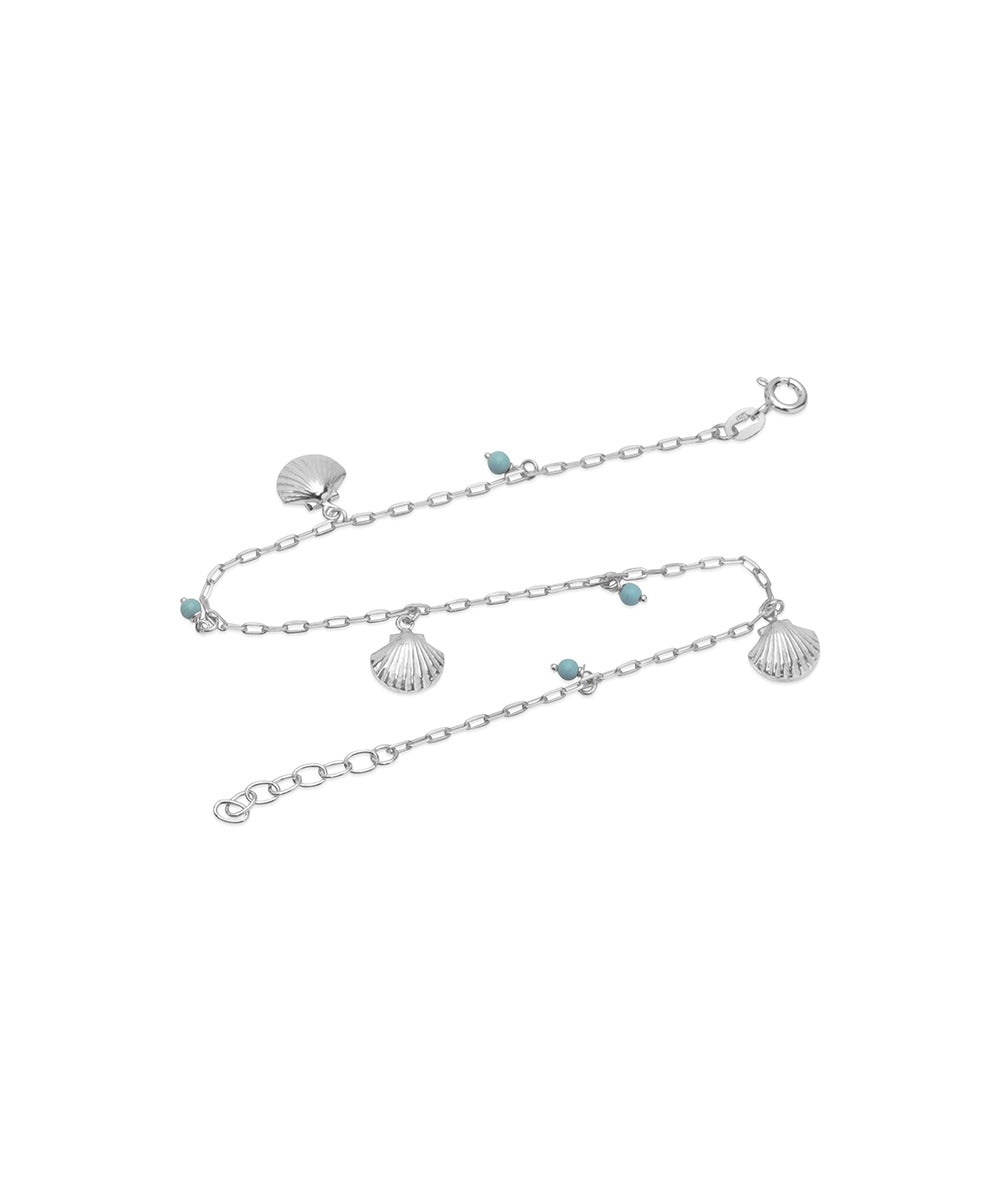 Silver Textured Shell and Bead Chain Anklet