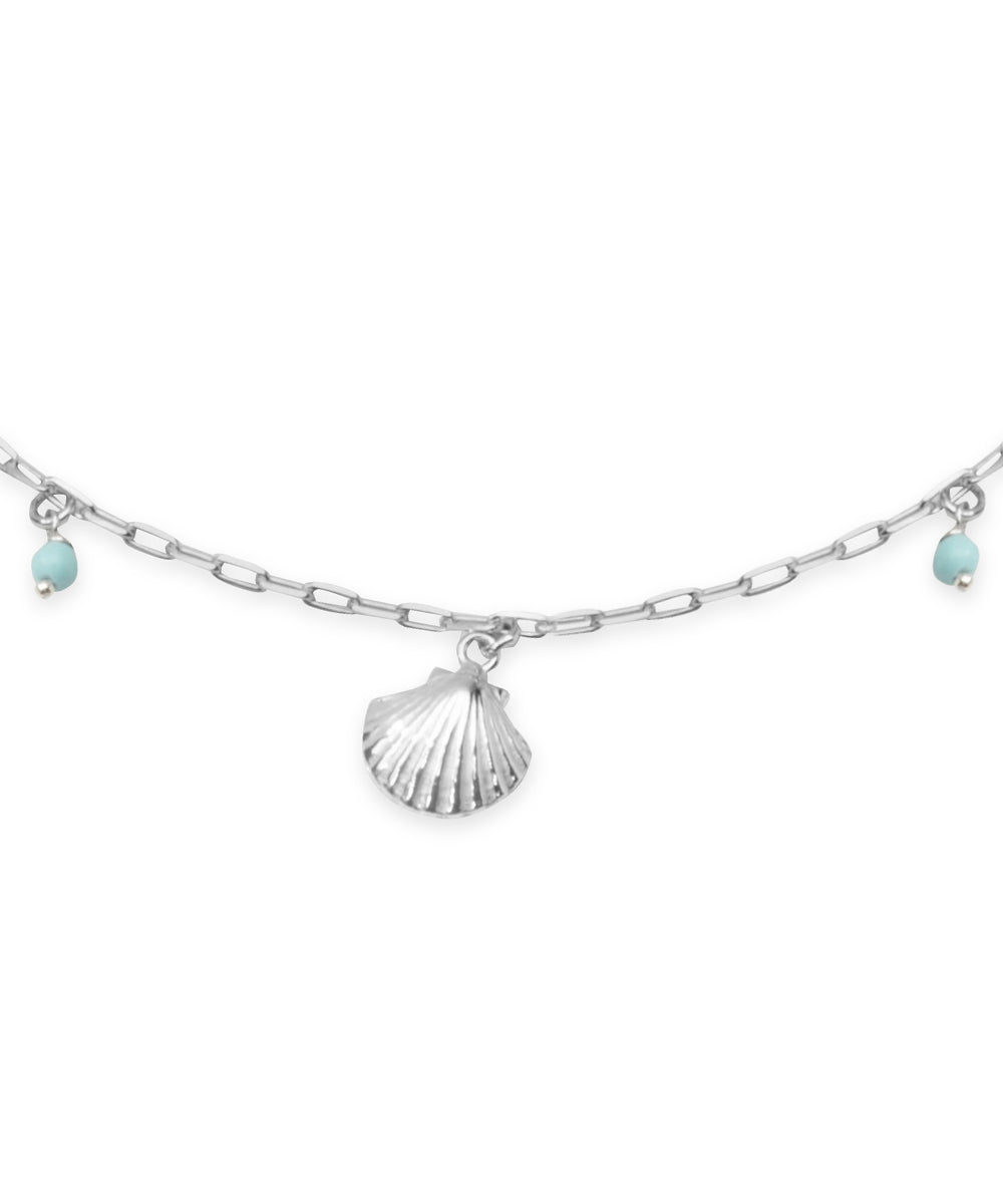 Silver Textured Shell and Bead Chain Anklet