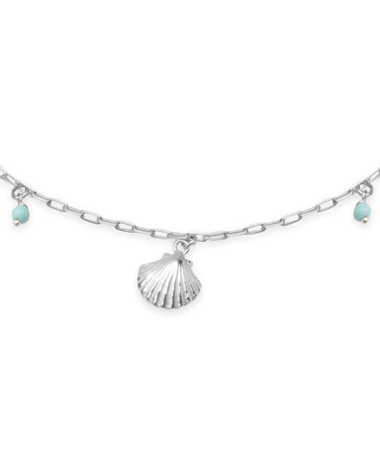Silver Textured Shell and Bead Chain Anklet