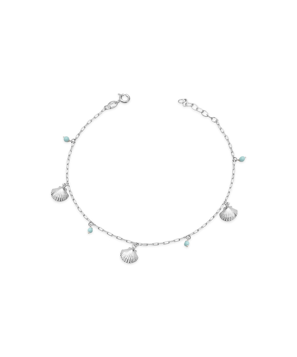 Silver Textured Shell and Bead Chain Anklet