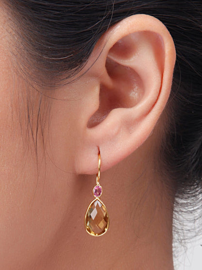 Rhodolite Crowned Lemon Quartz Earrings