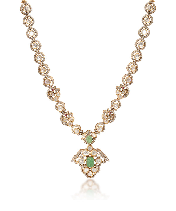 Silver Victorian Moissanite and Emerald Green Necklace
